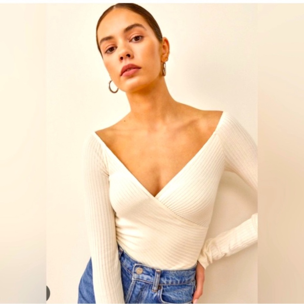 Reformation White Fitted Wrap Bodysuit